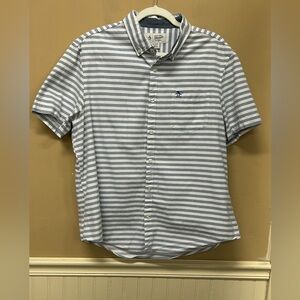 Penguin Mens Shirt Extra Large White Blue Stripe Button Down Short Sleeve Logo